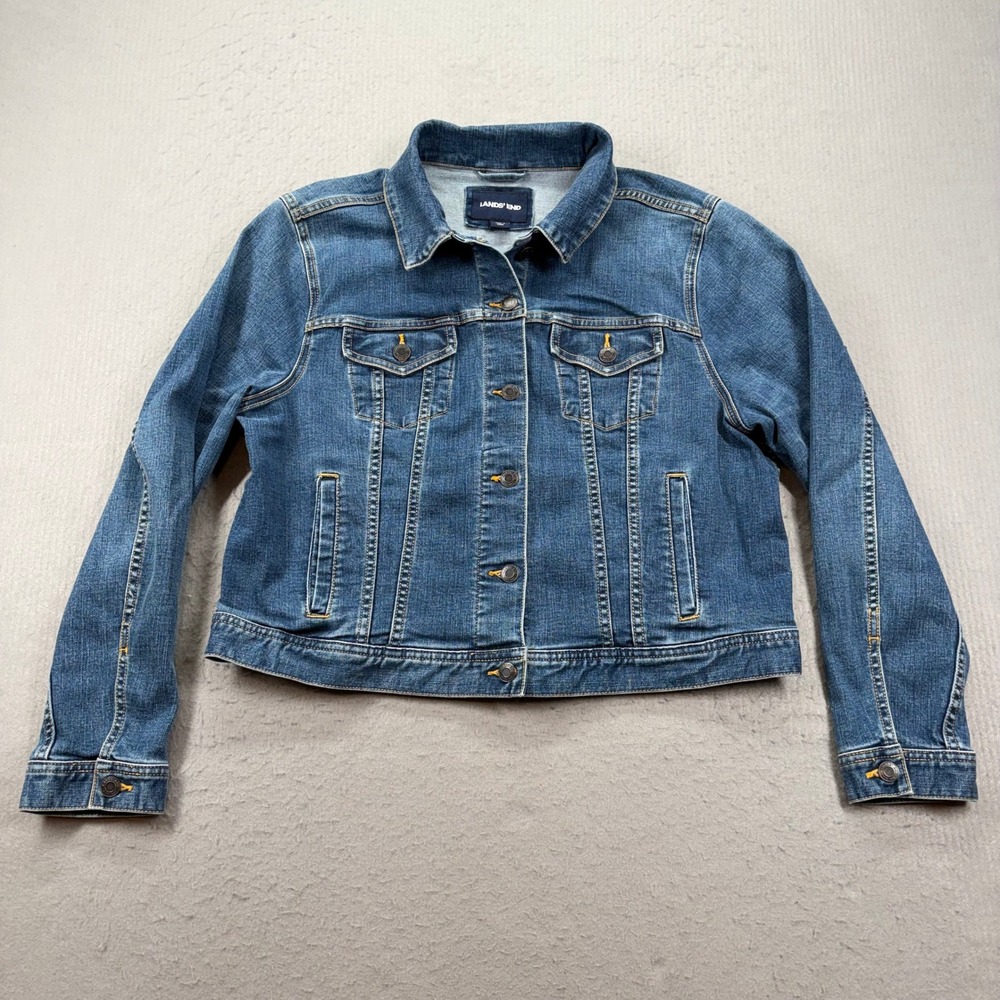 Lands' End Denim Jacket Womens XL Blue Stretch Trucker Jean Jacket 499147